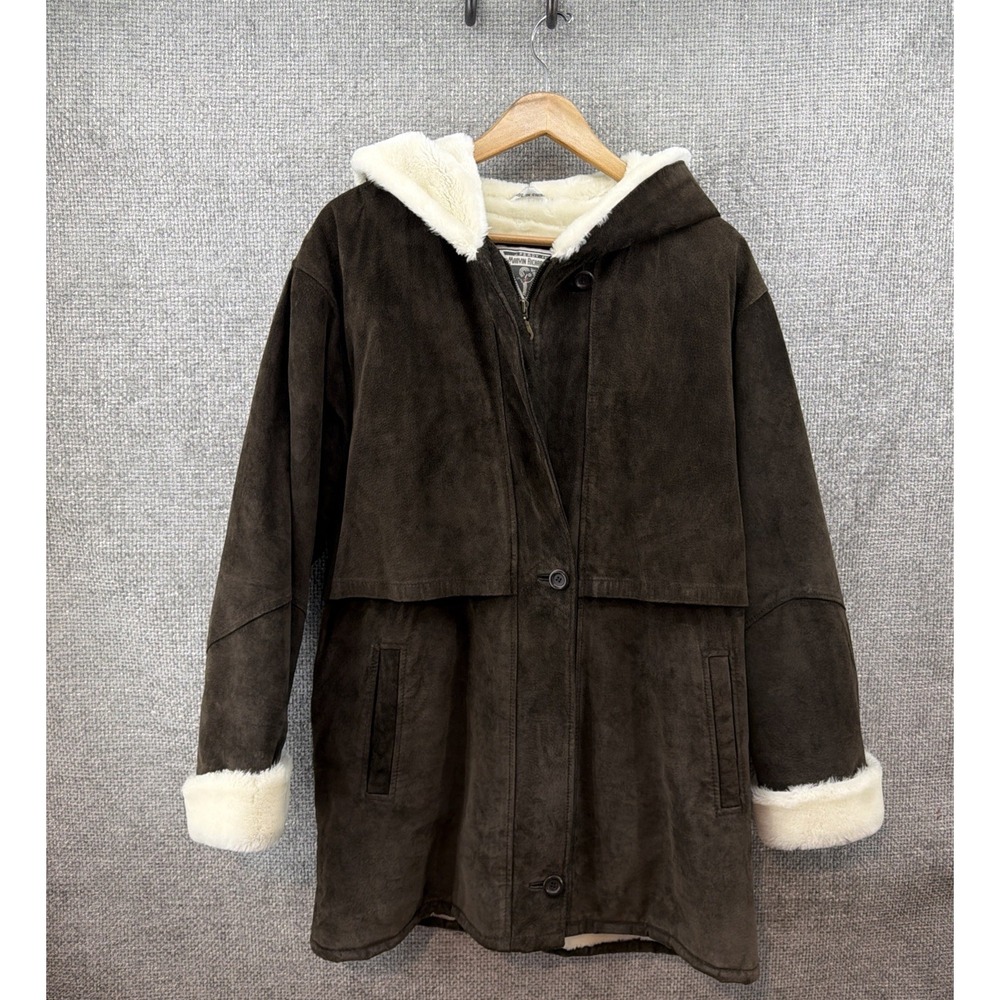 J Perry For Marvin Richards Brown Suede Women Med Faux Fur Lined‎ Hooded Jacket